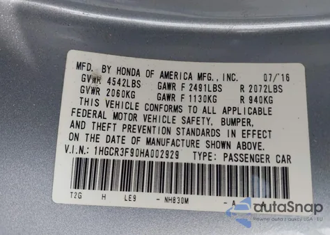 2017 Honda Accord Touring V6 from USA, damaged, VIN 1HGCR3F90HA002929